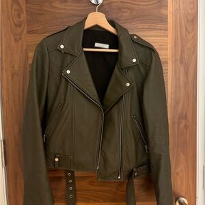 Real Leather Moto Jacket with Asymmetrical Zipper and Belted Waist